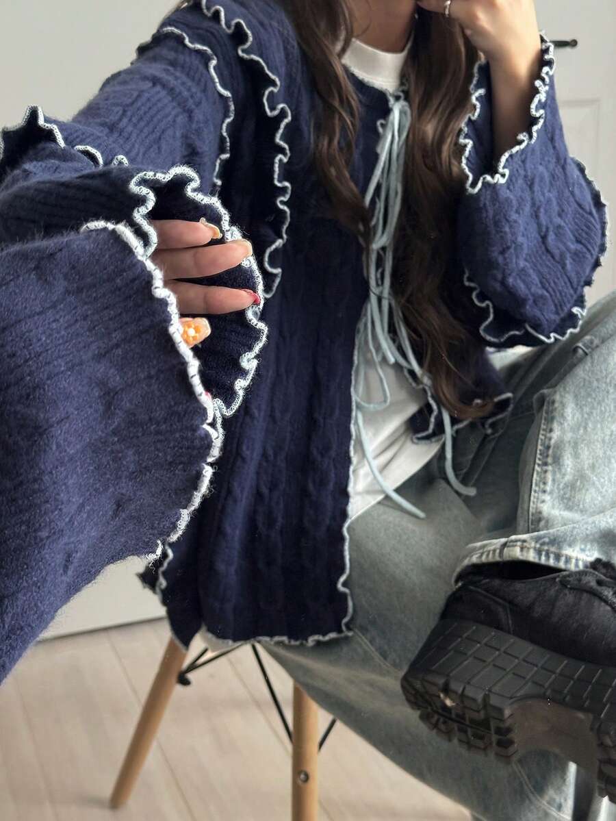 FRIFUL 女士撞色抽绳领罗纹纹理休闲加厚开衫 - 藍色 - 查看 1