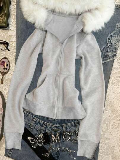 INAWLY Women's Fur Collar Hooded Slim Fit Sweatshirt Jacket