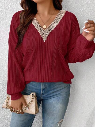 SHEIN Frenchy Plus Size Women V-Neck Patchwork Lace Lantern Sleeve Striped Loose T-Shirt, Casual & Holiday Style, Spring/Autumn Dark Red Top Wine Red Top