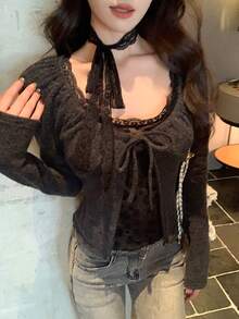 DAZY 女士蕾丝拼接系带长袖T恤，秋冬款 - 灰色 - 查看 8