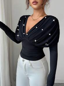 Elenzga Women's V-Neck Raglan Long Sleeve Mesh Patchwork Fitted Waist Beaded Decor Elegant Refined T-Shirt - Black - View 7