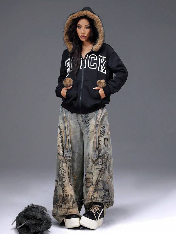  Bloopia Women's Letter Embroidered Hooded Zip-Up Sweatshirt Sweatshirt Going Out Tops Women Streetwear Women Suitable For Daily Wear, School, Graduation Ceremony, Retro Street, Commute, Leisure, Sports, Home