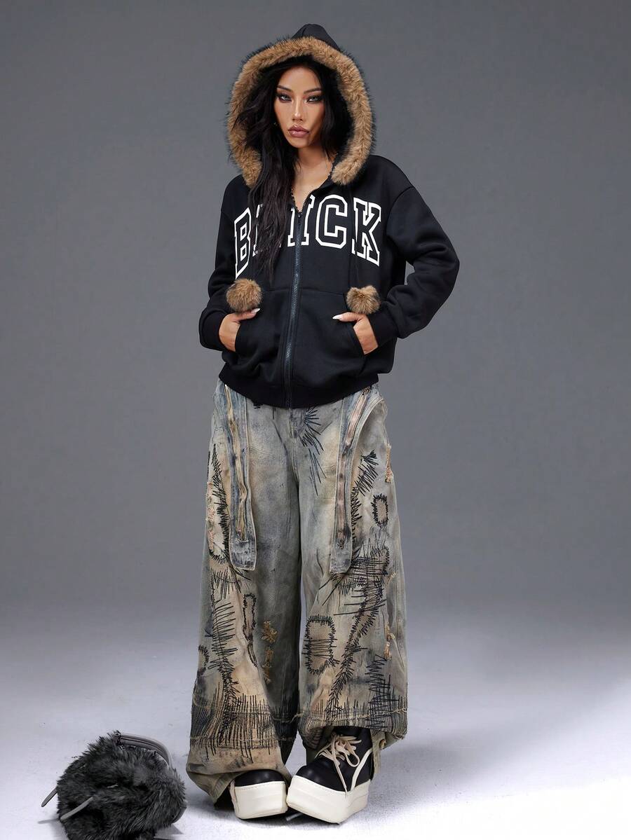 Bloopia Sudadera con capucha y cremallera con bordado de letras para mujer