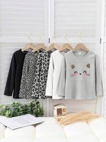 SHEIN 5pcs Young Girls Cute Ribbed Cat Embroidery + Leopard Print Round Neck Long Sleeve T-Shirts