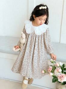 Vintaside Kids 女童格子连衣裙田园风优雅淑女长袖亚麻面料适合春秋过渡季节 - 米色 - 查看 3