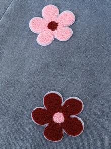 SHEIN ChillGRL 少女牛仔裤，复古个性牛仔裤，可爱红色前片搭配粉色花朵贴片，百搭蓝色休闲裤，女童阔腿牛仔裤，Y2K风格阔腿牛仔裤，中等水洗色，面料柔软舒适，适合秋冬季返校季，可爱舒适，适合日常出行、聚会和度假。 - 藍色 - 查看 6