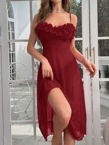 Slumberist 女式纯色荷叶边吊带睡袍 - 酒紅色 - 查看 6