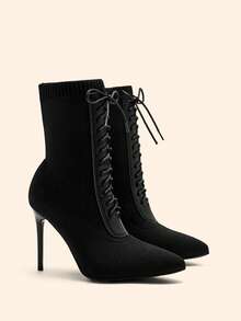 CUCCOO BASICS 女士时尚黑色布面套脚尖头细高跟踝靴 - 黑色 - 查看 3