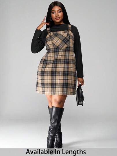 SHEIN PETITE CURVE Plus Size Loose Strap Button Pocket Plaid Casual Mini Dress Plus Size Fall Clothes Dresses For Women