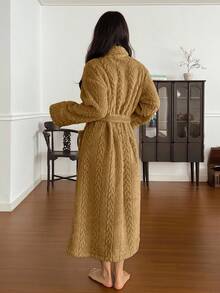 DAZY 女士简约纹理抓绒长款系带家居服，冬季居家服，蓬松舒适 - 棕色 - 查看 2