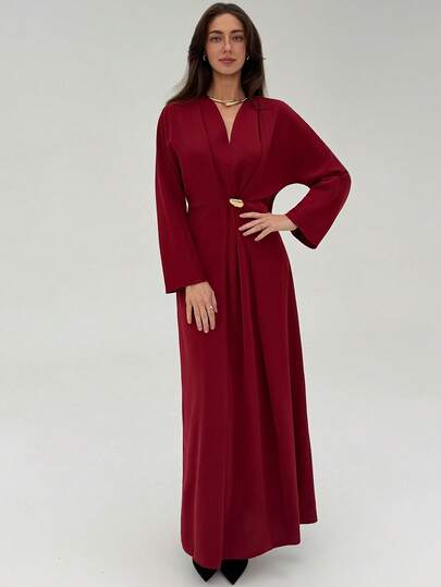 Aloruh 女士纯色V领蝙蝠袖褶裥腰身连衣裙