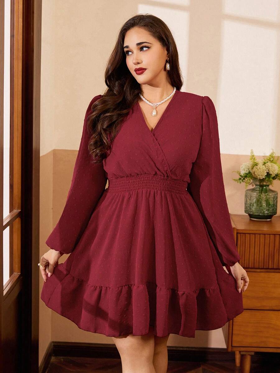SHEIN Clasi Plus Size Solid Color Cross Shirred Puff Sleeve Ruffle Hem Cinched Waist A-Line Dress - Red - View 1