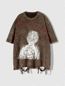 ROMWE MEN Street Life Men's Distressed Graphic T-Shirt - Coffee Brown - View 1