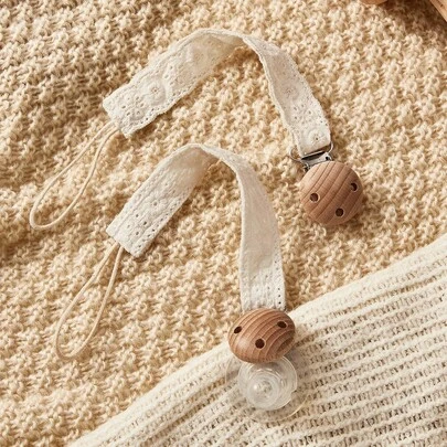Cozy Pixies 2pcs White Lace Embroidery Trim Pacifier Clip, Newborn Baby Shower Gift For Boys & Girls