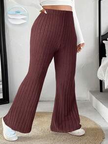 SHEIN EZwear 大码女式纯色松紧腰罗纹喇叭裤 - 卡其色 - 查看 1