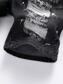 SHEIN Young Boy Light Washed Blue Stylish Distressed Denim Shorts, School, Campus, College