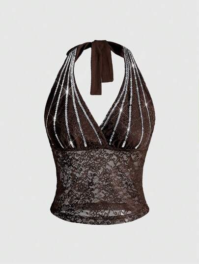 ROMWE Grunge Punk Women's Halter Neck Lace Sequin Embroidered Bodysuit