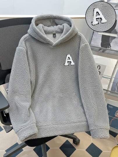 Claim Dot 标准尺码男士简约刺绣字母徽章灰色抓绒连帽衫，适合冬季、上学、居家、外出、送友，简约百搭，长袖上衣