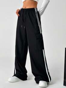 SHEIN EZwear 大码女式街头风格侧条纹抽绳工装裤 - 黑色 - 查看 3