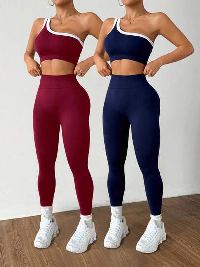 Dewbera Conjunto deportivo para mujer con camiseta de yoga sin costuras de un solo hombro, con elevación de glúteos y alta elasticidad
