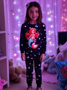 SHEIN Tween Girl Casual Comfortable Round Neck Glow-In-The-Dark Mermaid Cartoon Print T-Shirt And Pants Pajama Set - Multicolor - View 1