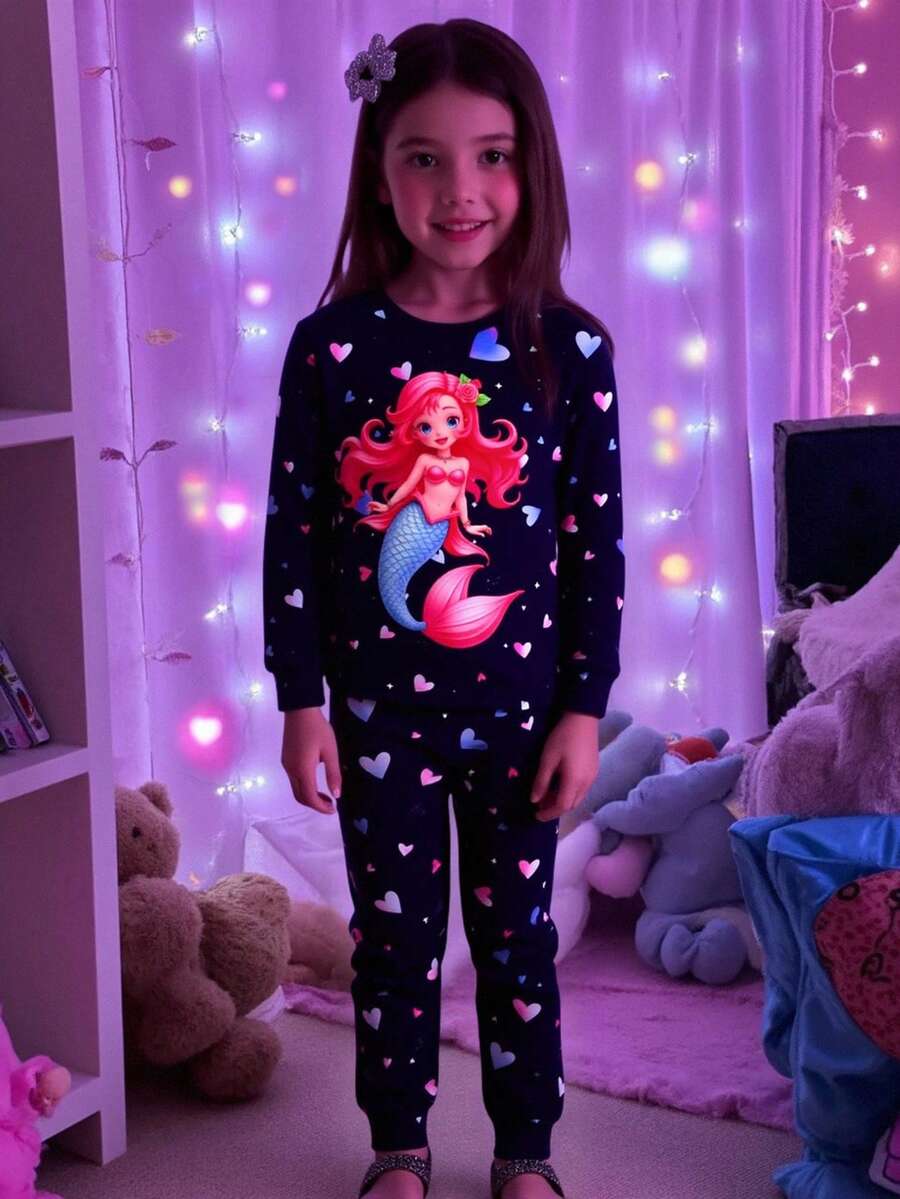 SHEIN Tween Girl Casual Comfortable Round Neck Glow-In-The-Dark Mermaid Cartoon Print T-Shirt And Pants Pajama Set - Multicolor - View 1
