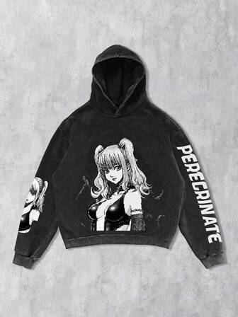 Street Life Felpa con cappuccio stile giapponese lavata con acido, senza tasche, per uomo, colore nero