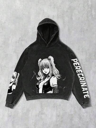 Street Life Sudadera con capucha estilo japonés lavada con ácido en negro para hombres, sin bolsillos