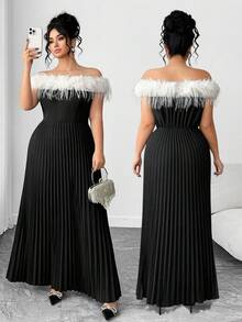 Elenzga 大码女式优雅蓬松拼接露肩高端褶皱连衣裙，适合派对和活动，秋冬季 - 黑色 - 查看 7