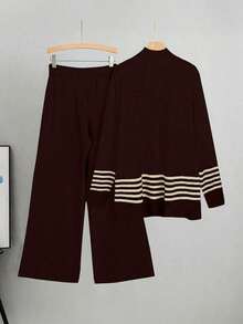 Linhara Bộ áo len dệt kim dáng rộng họa tiết sọc tương phản thường ngày đi làm cho nữ cỡ lớn và quần ống rộng, mùa thu/đông - Nhiều màu - Xem 2