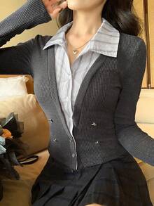 DAZY Women's Striped Shirt Splicing Deep V-Neck Fitted Long Sleeve T-Shirt, Casual School Style Top - Grey - View 6