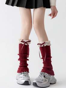 ROMWE Gothic Style Thick Knitted Flared Cuff Mid-Calf Leg Warmers For Women, Autumn/Winter - Burgundy - View 1
