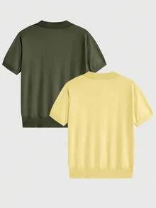 Manfinity VCAY 2 件装男士简约丝滑短袖针织 Polo 衫，柠檬黄 Polo 衫，橄榄绿 Polo 衫，夏季简约纯色 Polo 衫，华夫格针织 Polo 衫，吸湿排汗高尔夫上衣，现代剪裁商务休闲装 - 彩色 - 查看 3