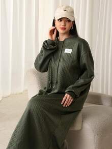 Modelyn Casual Drawstring Decor Loose Fit Round Neck Long Sweatshirt For Women, Green, Textured Fabric, Autumn/Winter - Green - View 5