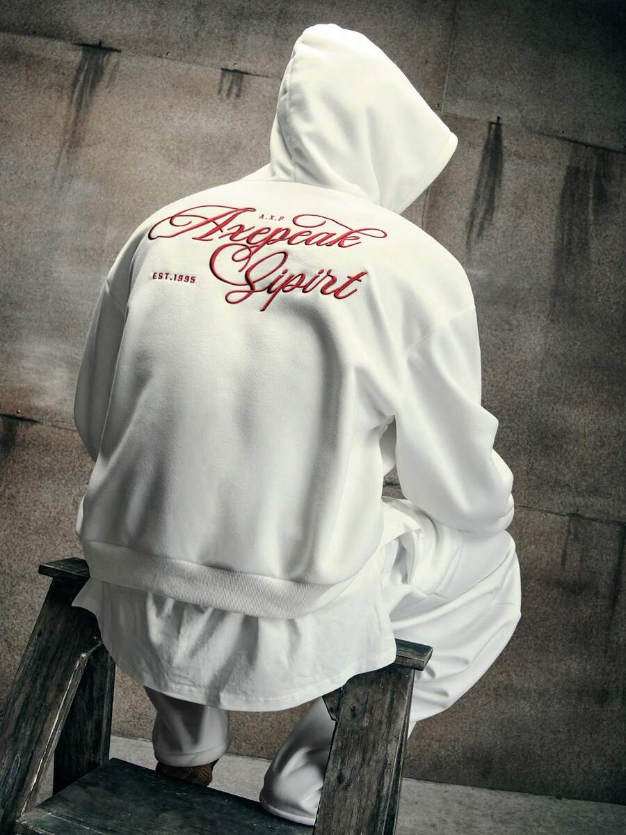 AXEPEAK Men's Letter Embroidered Hoodie And Sweatpants Set - White - View 1