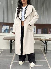 SHEIN EZwear 2025新款秋季女式时尚长袖外套，撞色翻领和口袋设计，适合外出穿搭和街头服饰。 - 杏色 - 查看 6