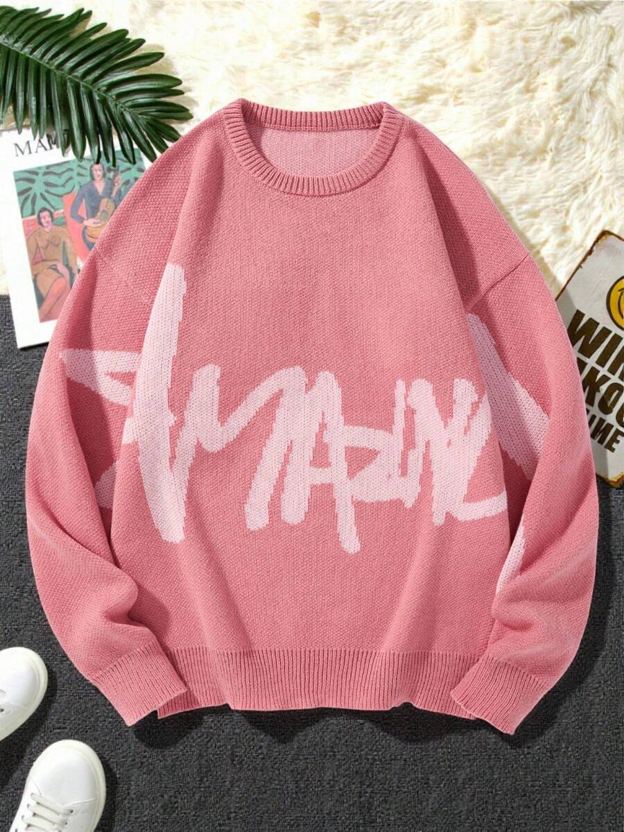 Manfinity Hypemode Jersey casual de hombre con estampado de letras, manga larga, para otoño/invierno - Rosa vieja - Ver 1