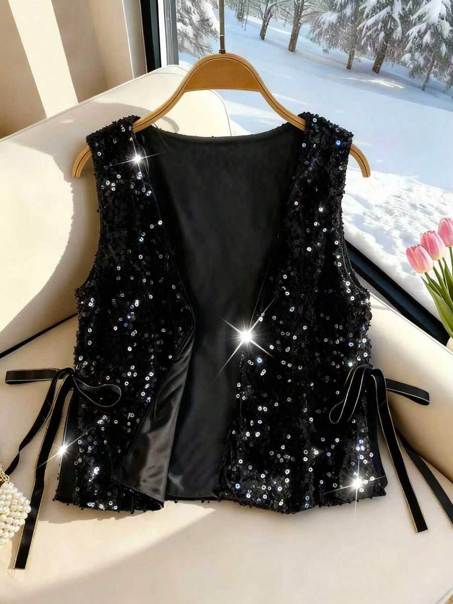 GlowEve Elegant Sleeveless Sequin Ribbon Top For Women, Spring/Autumn