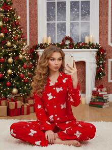 2件套少女休闲可爱小熊图案长袖上衣和长裤套装 - 紅色 - 查看 3