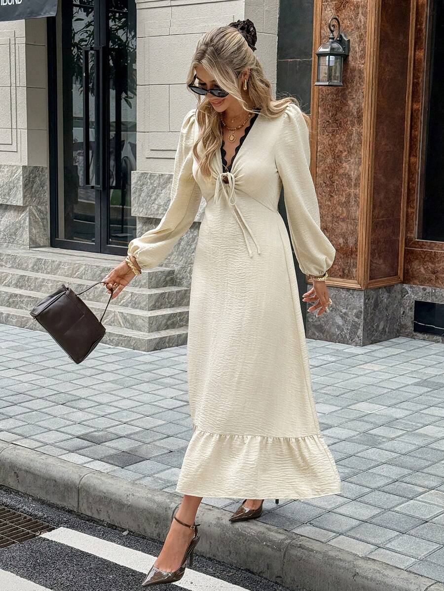 SHEIN Frenchy Đầm ren tương phản cổ chữ V sâu buộc phía trước tay đèn lồng gợi cảm cho nữ - Màu be - Xem 1