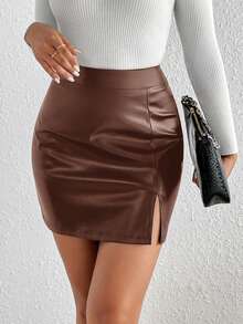 SHEIN Frenchy Women's Solid Color Split Hem PU Bodycon Mini Skirt Spring Casual Brown - Coffee Brown - View 3