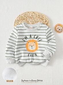 Cozy Pixies Baby Boy Cartoon Animal Print Striped Crew Neck Long Sleeve Pullover Sweatshirt Baby Boy Tops Lion Baby Clothes Infant Clothes Unisex Baby Boy Full Sleeve Tshirts Baby Cartoon Clothes In Fall/Winter Baby Boy Baby Boys Tops Baby Neutral Clothing - Mint Green - View 3
