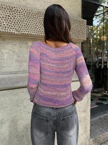 Aloruh 女士新款秋冬高领灰色扎染条纹修身长袖毛衣 - 珊瑚粉 - 查看 2