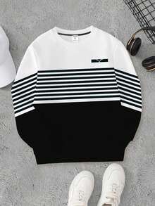 Explorewe Tween Boy Casual Stylish Minimalist Striped Pattern Print Pullover Sweatshirt, Comfortable & Warm For Boys In Autumn/Winter Fall - Multicolor - View 4