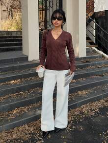 Lunelith SHEIN Lunessa تصميم جديد كنزة صوفية قصيرة بياقة على شكل حرف V مثيرة، باللون الرمادي، بأكمام طويلة مصنوعة من الأقمشة المحبوكة للنساء، للخريف