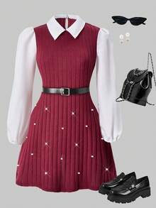 SHEIN ChillGRL Teens' Casual Patchwork Solid Color Long Sleeve Short Dress, Suitable For School, Commuting, Outing, Can Be Paired With Jackets, Coats, Windbreakers