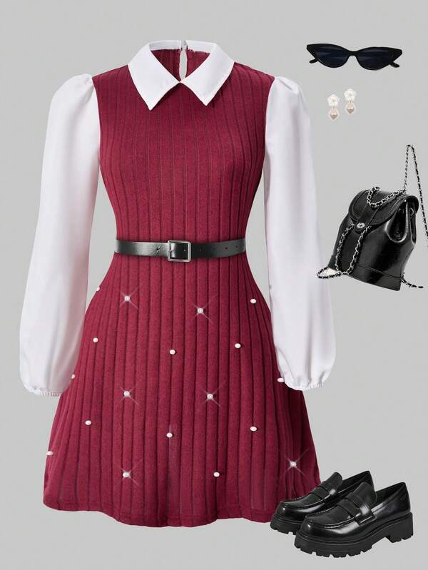 SHEIN Teens' Casual Patchwork Solid Color Long Sleeve Short Dress, Suitable For School, Commuting, Outing, Can Be Paired With Jackets, Coats, Windbreakers