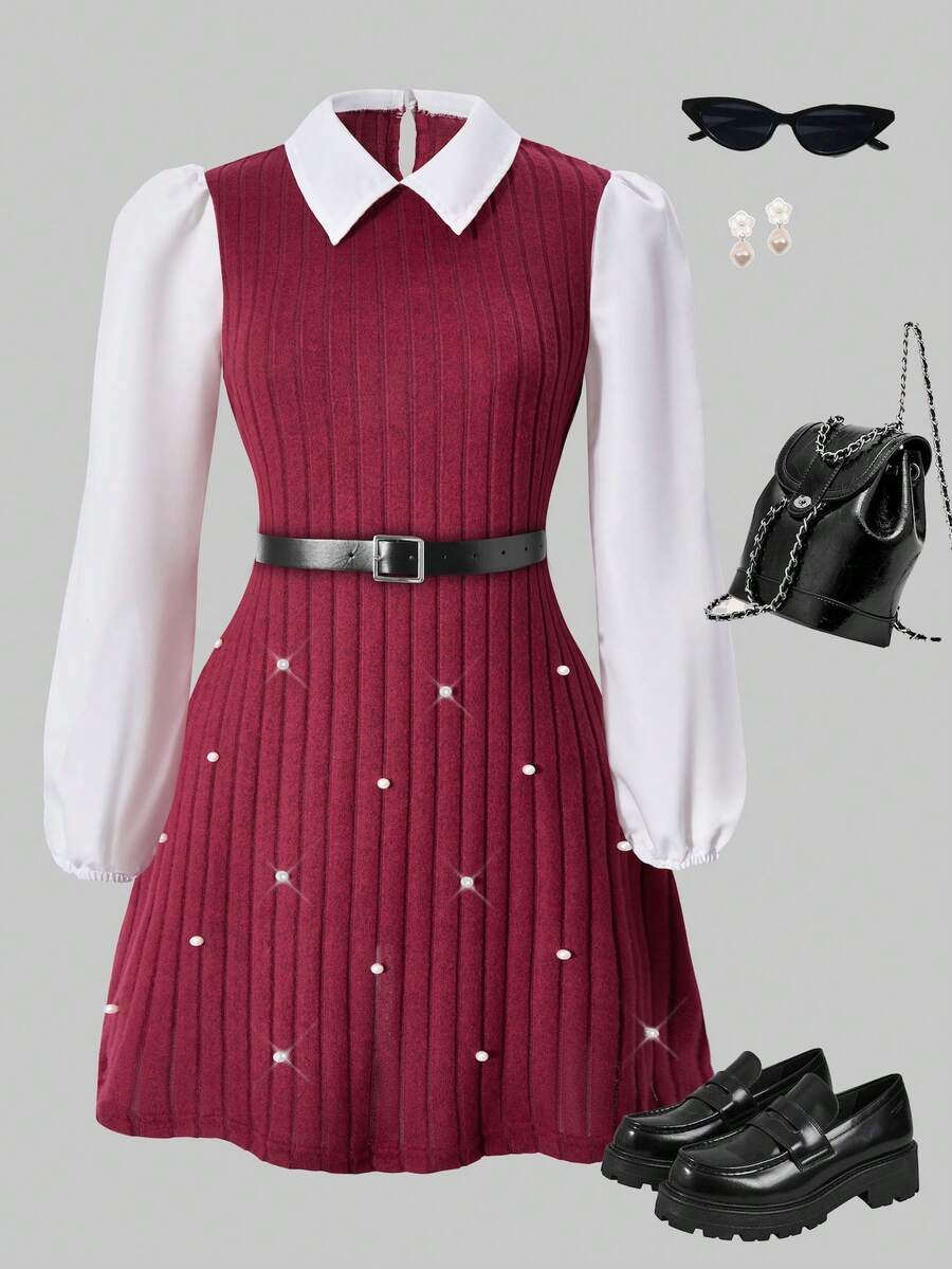 SHEIN ChillGRL Teens' Casual Patchwork Solid Color Long Sleeve Short Dress, Suitable For School, Commuting, Outing, Can Be Paired With Jackets, Coats, Windbreakers