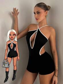 EgrlEra 女士黑白拼接交叉领紧身连体衣，夏季海滩度假 - 黑與白 - 查看 1