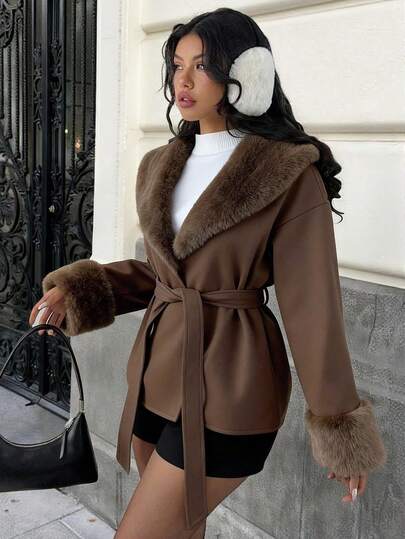 SHEIN EZwear Fashionable And Elegant Camel Plush Wool Blend Jacket For Women In Winter, Suitable For Autumn And Winter Going Out, Back To School And Street Wear